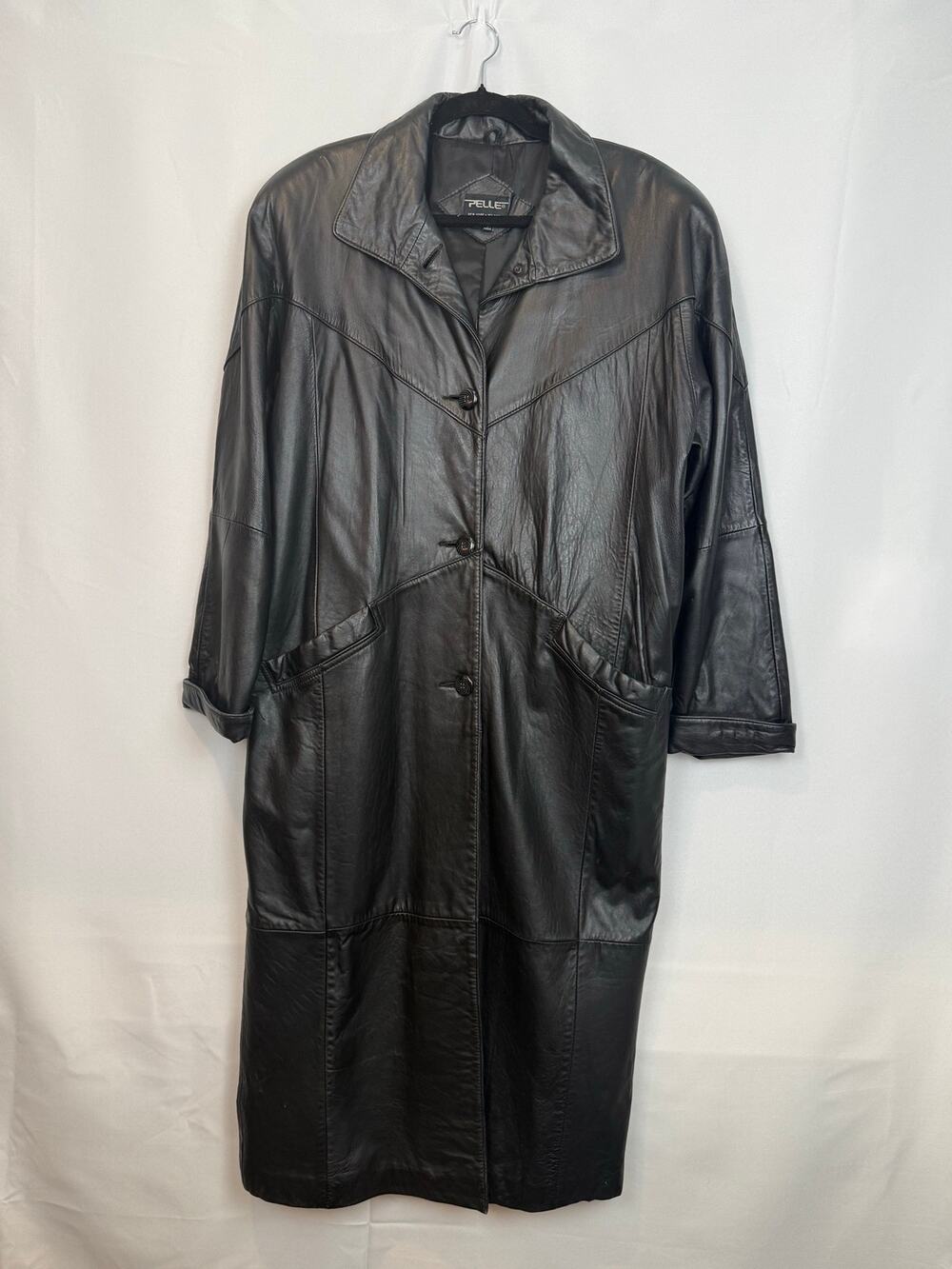 Pelle New York Milano Leather Trench Coat Size L Black Full Length Classic